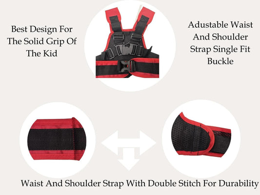 Red and black waist and shoulder strap with features highlighted on a light gray background