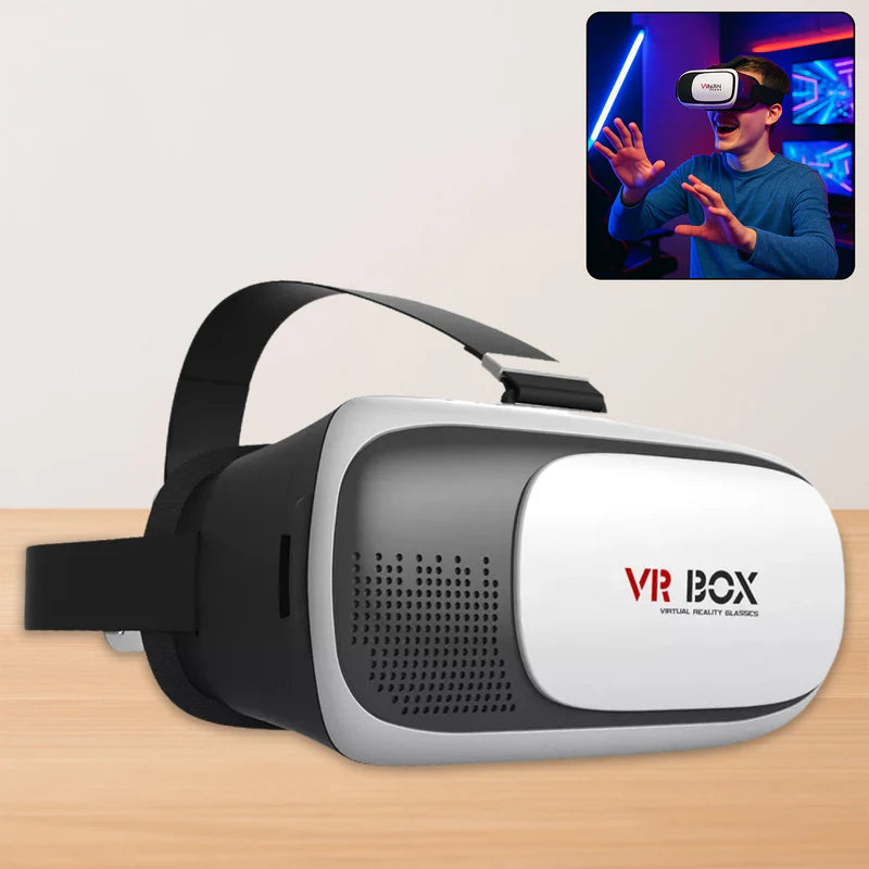 VR headset with 'VR Box' branding on a wooden surface, inset showing a person using VR technology.