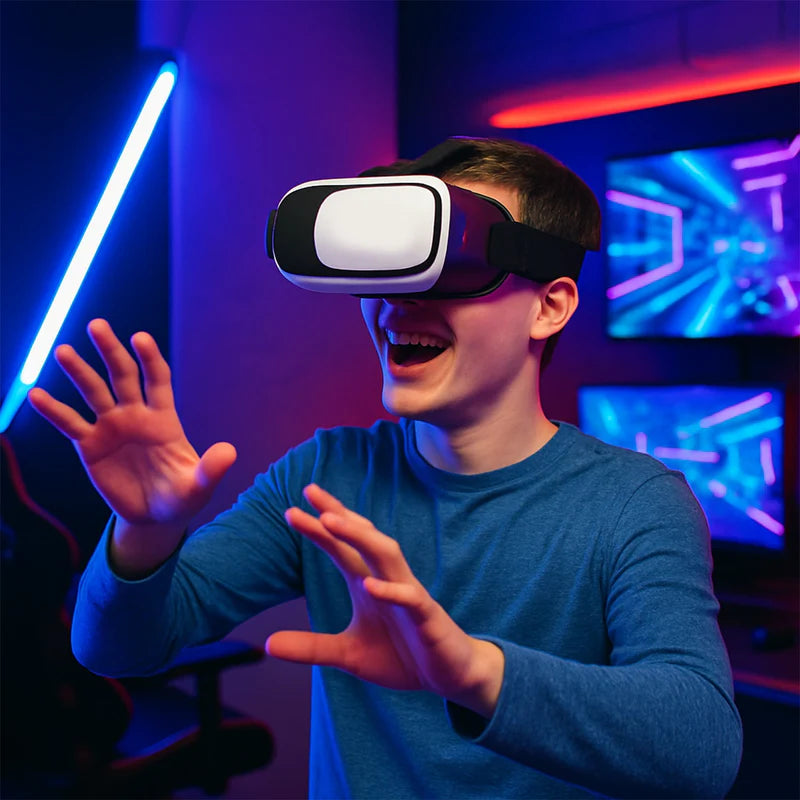 Person wearing a VR headset with neon lights and screens in the background