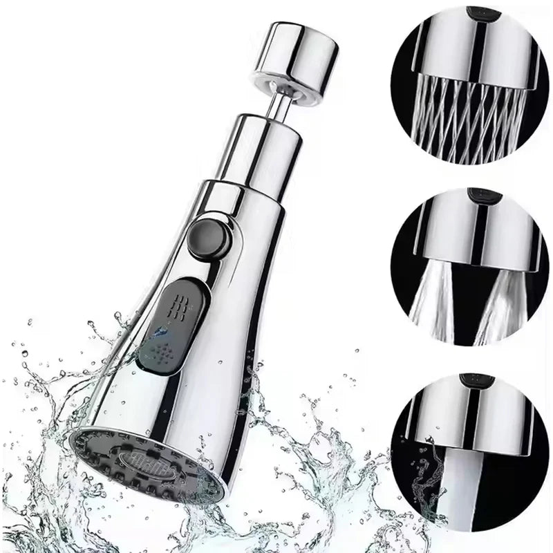 Chrome shower head with water flow display and close-up shots on a white background