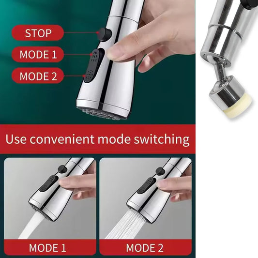 Handheld shower head with mode switching mechanism on a green and gray background
