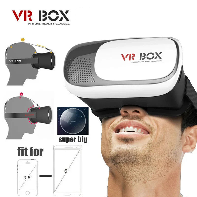 VR Box virtual reality glasses with a man wearing them, showing fit and compatibility with smartphone.