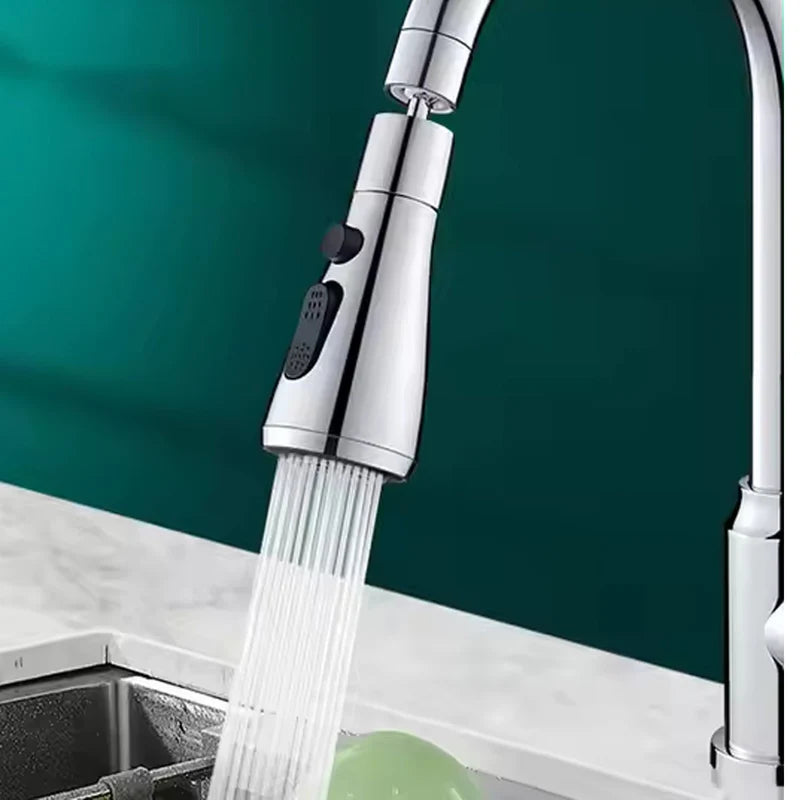Chrome kitchen faucet with water flowing into a sink against a teal background