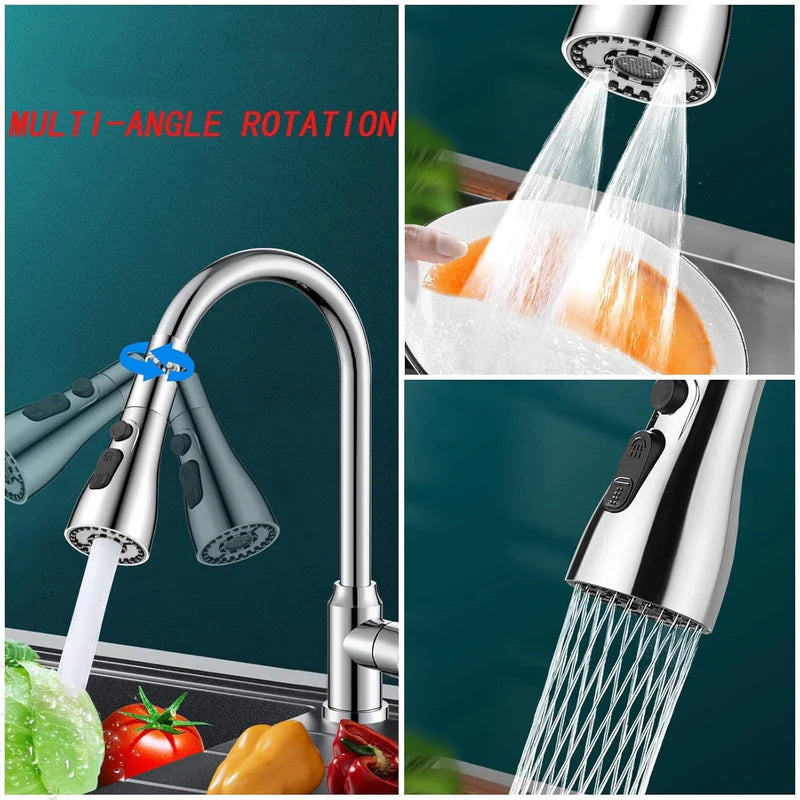 Multifunctional kitchen faucet with multi-angle rotation feature, shown in use with vegetables and water flow.