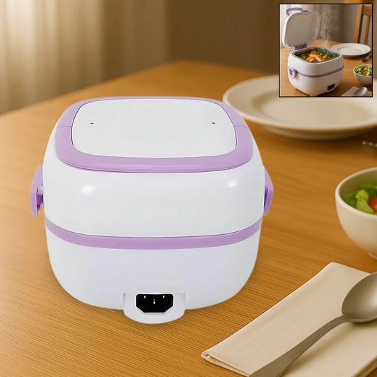 White and purple electric lunch box on a wooden table with a inset showing food inside.