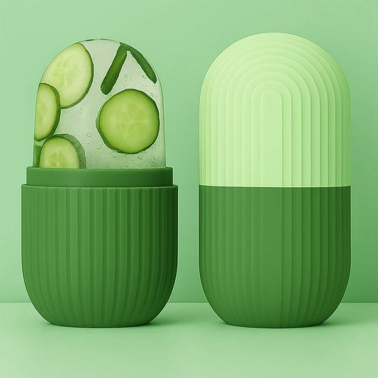 Green container with ribbed texture holding sliced cucumbers on a green background