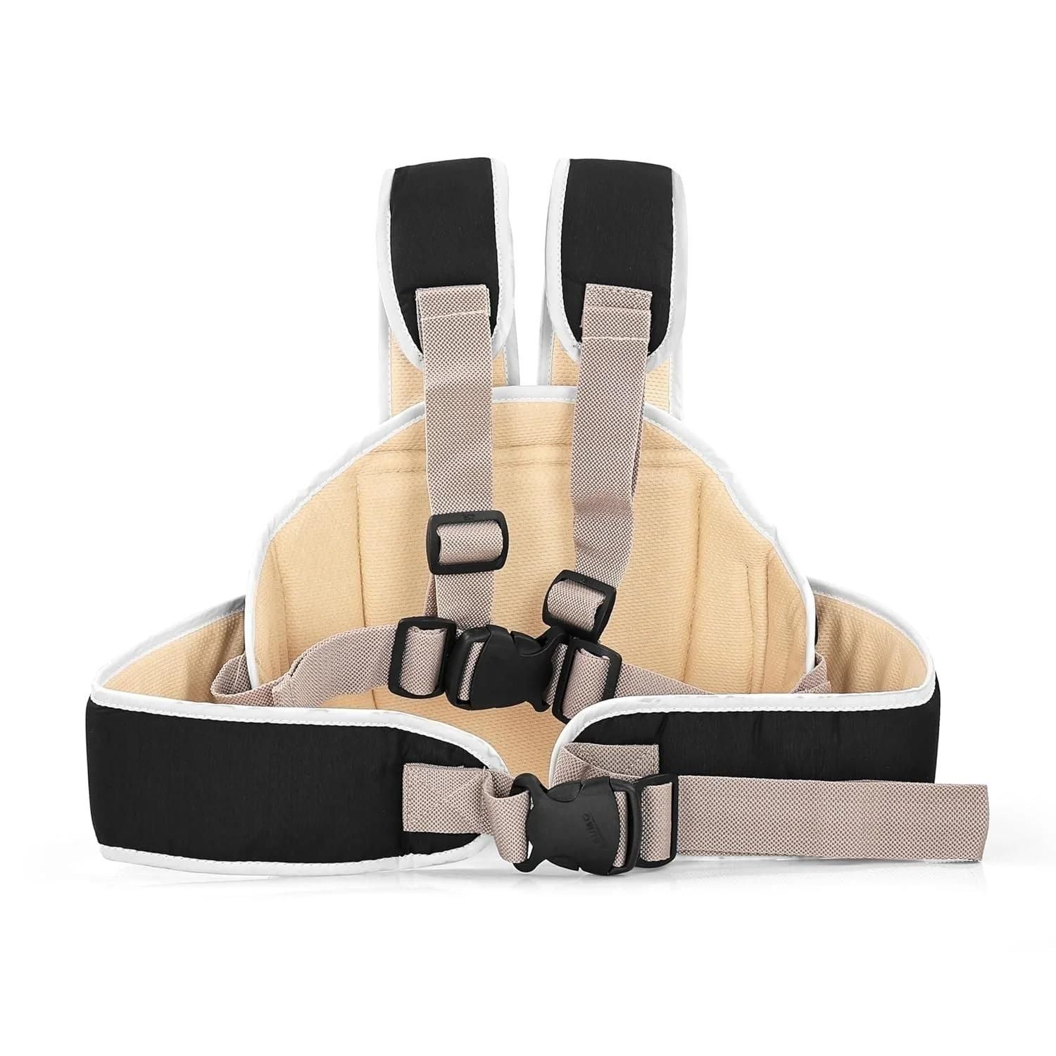Pet harness with beige padding, black and gray straps on a white background
