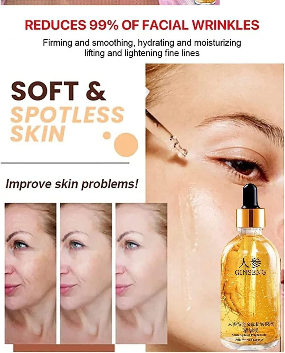 Advertisement for skincare product with text and images of a dropper bottle and before-and-after effects on skin.