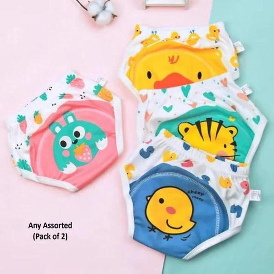 Pack of 2 children's underwear with cartoon designs on a pink and green background