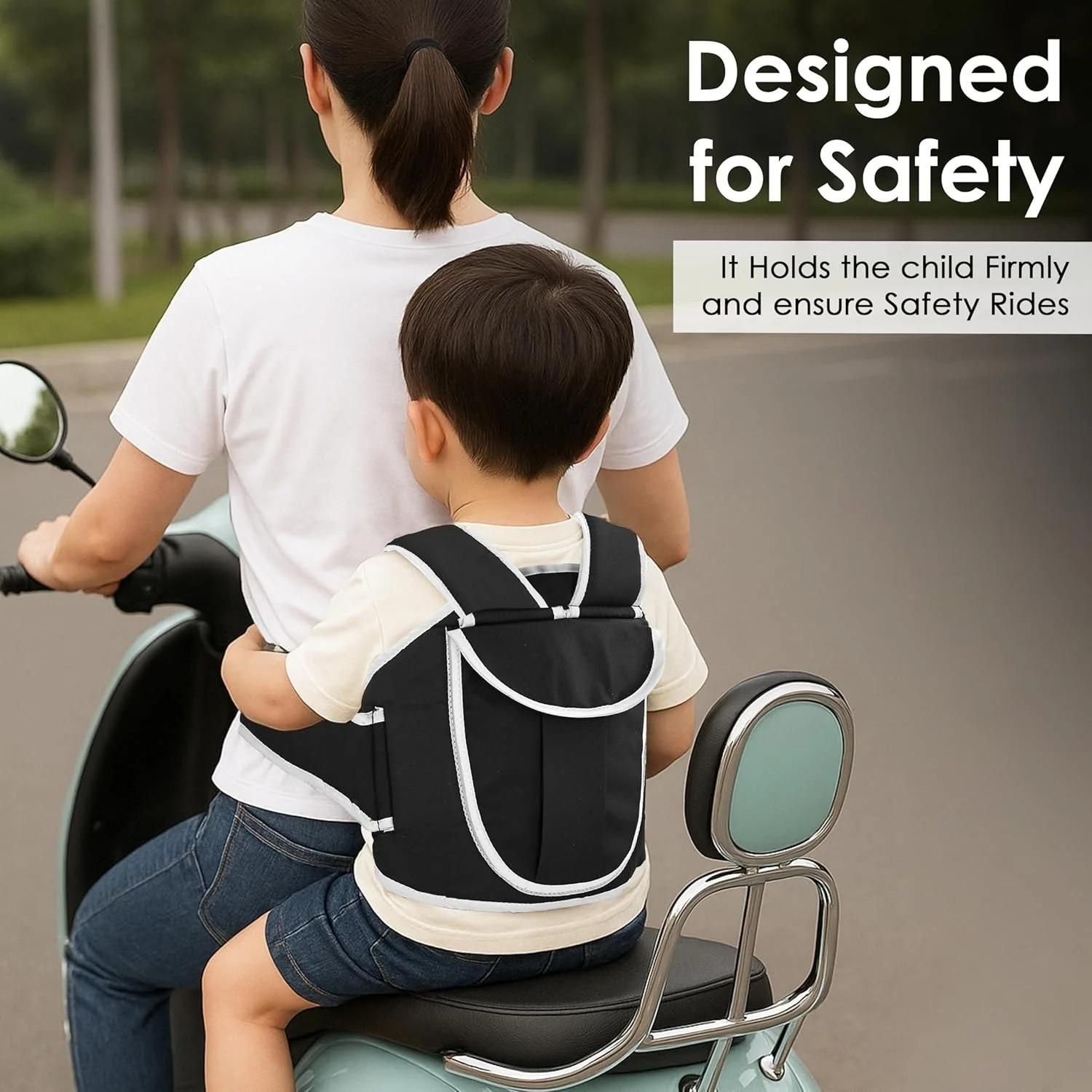 Child wearing a safety harness on a motorcycle with text 'Designed for Safety'.