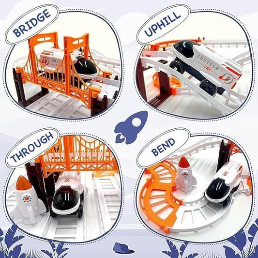 Toy track set with various obstacles labeled 'Bridge', 'Uphill', 'Through', and 'Bend' on a white background.