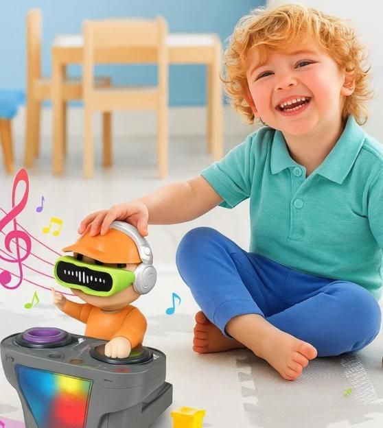 Child playing with a toy robot in a room with wooden furniture.