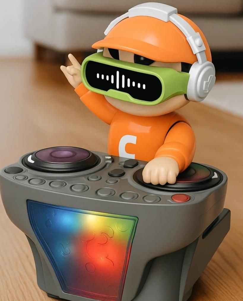 Toy figure with DJ equipment on a wooden floor