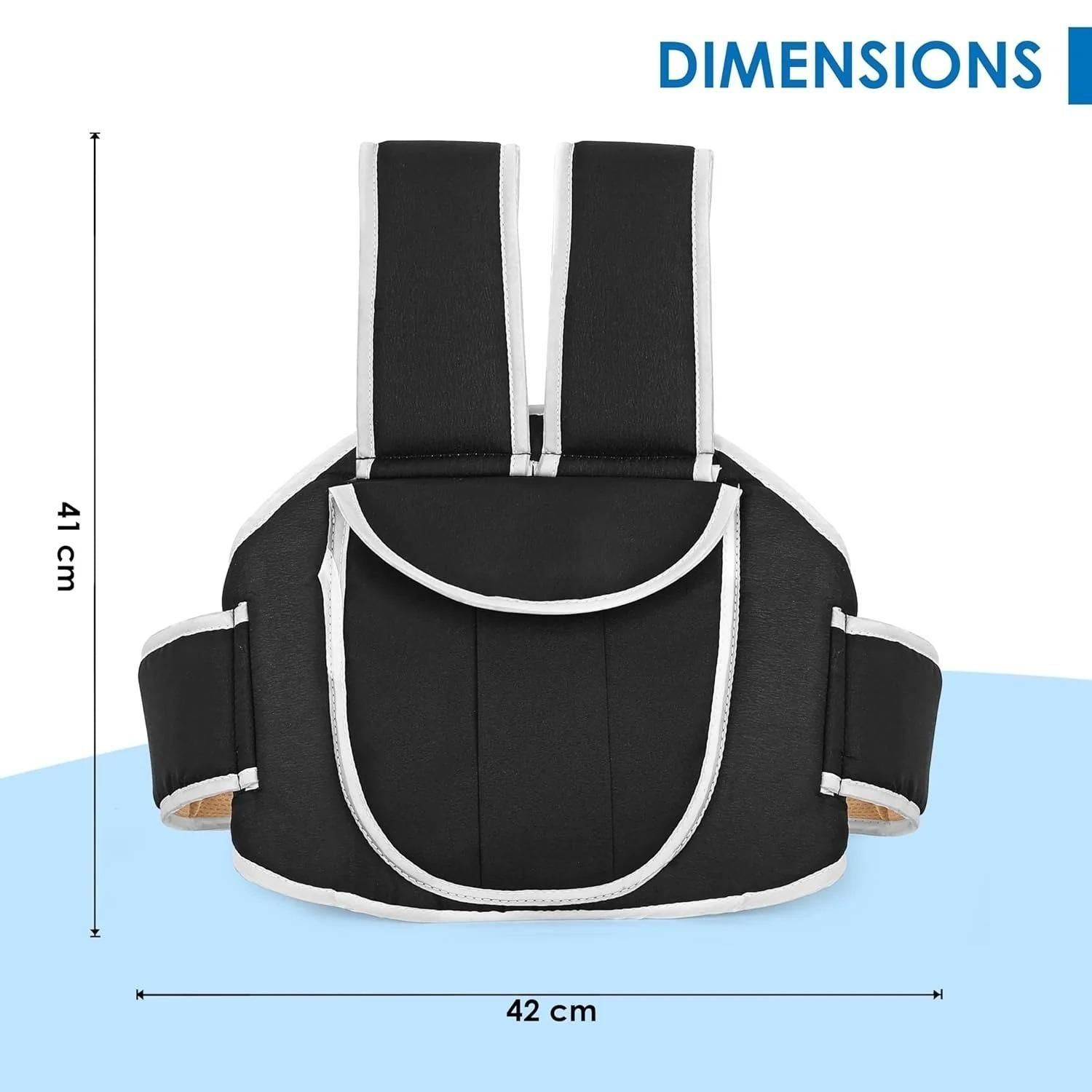 Black and white baby carrier with dimensions on a blue background
