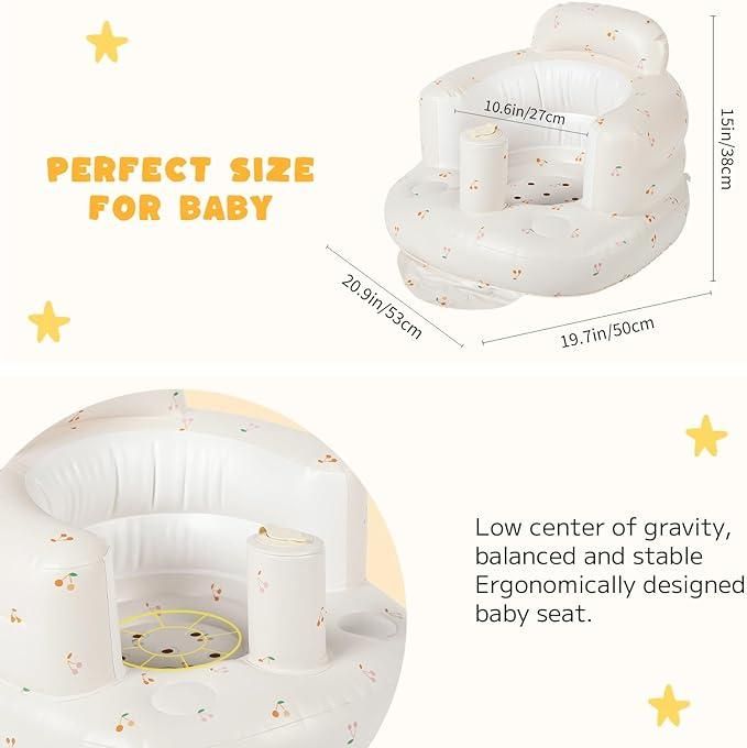 Baby seat with measurements and text indicating its size and design features.