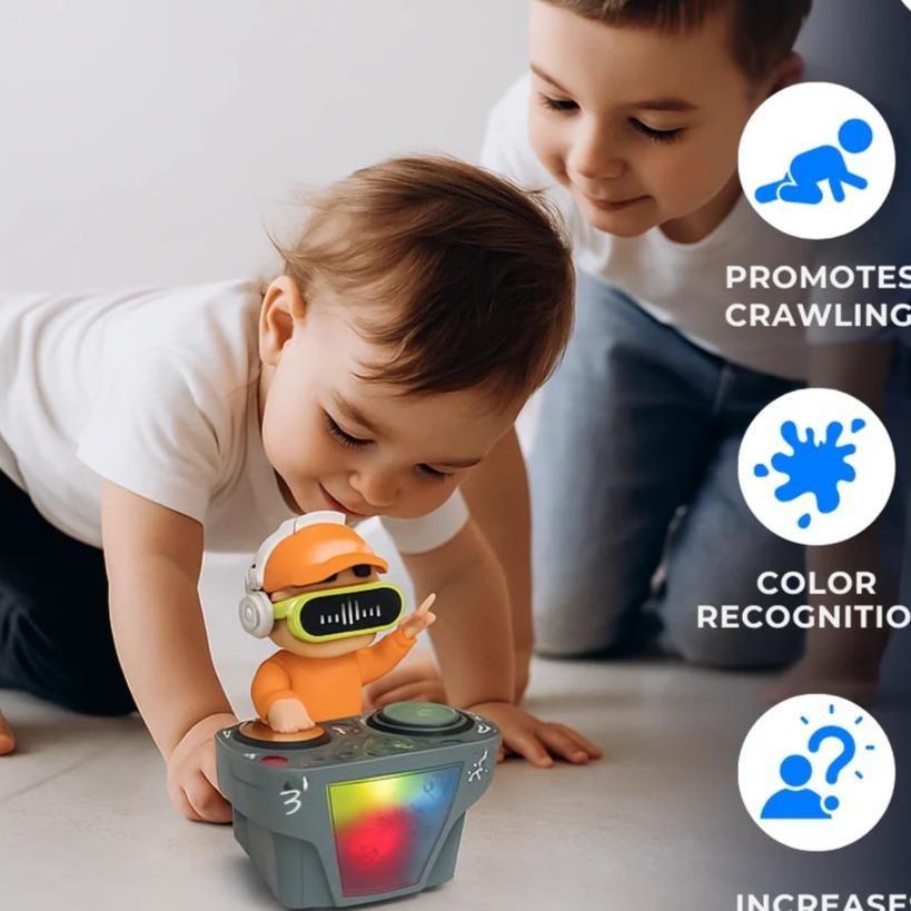 Two children playing with a toy robot on a light-colored floor.