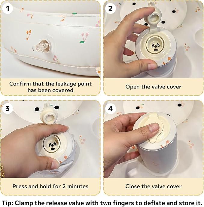 Step-by-step instructions for using a valve cover with a release valve, showing hands performing actions on a white background.