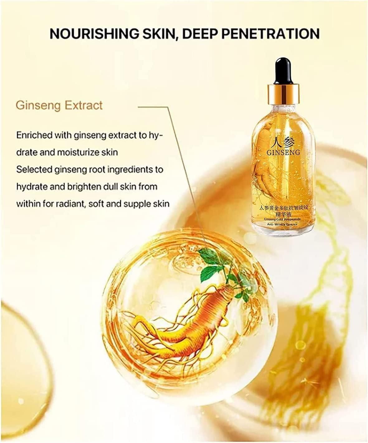 Ginseng extract skincare product with ginseng root illustration on a beige background
