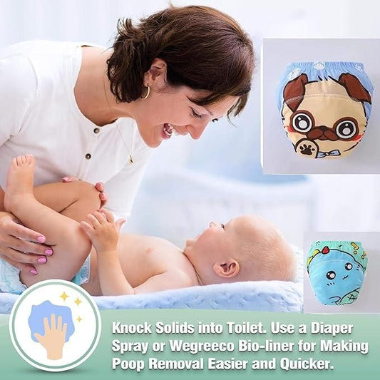 Woman holding a baby with promotional text and graphics for diaper spray or liner.
