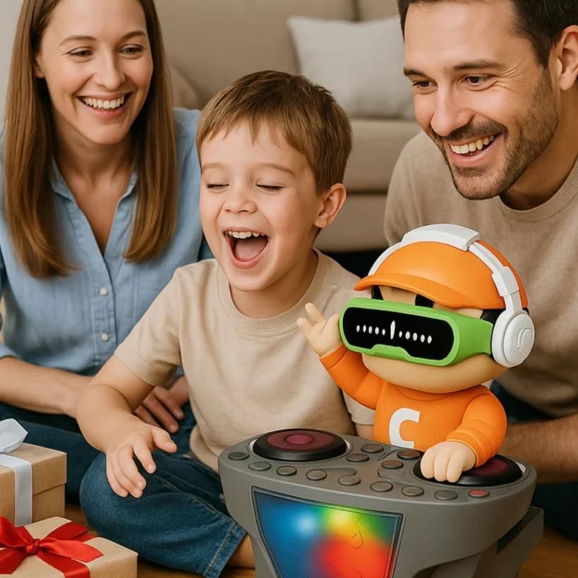 Family with a child playing with a toy robot in a living room.