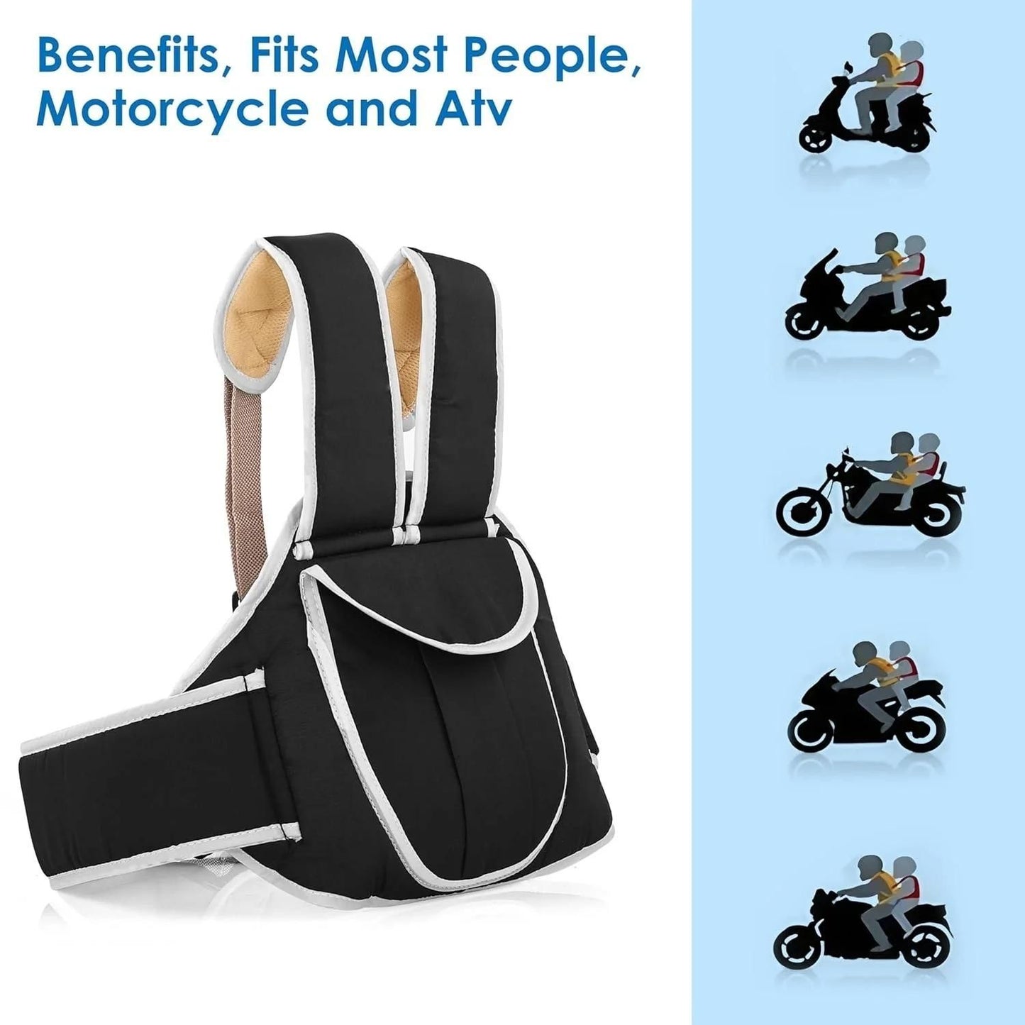 Black and white baby carrier with icons of people on motorcycles and ATVs.