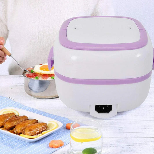 Small white appliance with purple accents on a table with food items.