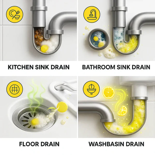 Illustrations of different types of sink drains with cleaning agents.