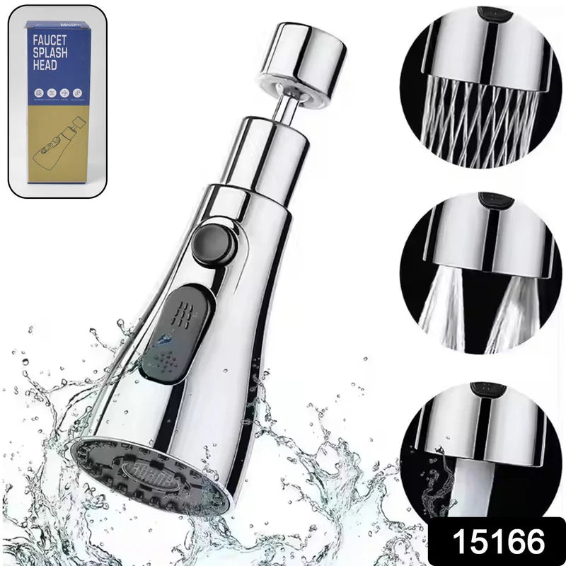 Chrome faucet splash head with water splashes and close-up shots on a white background